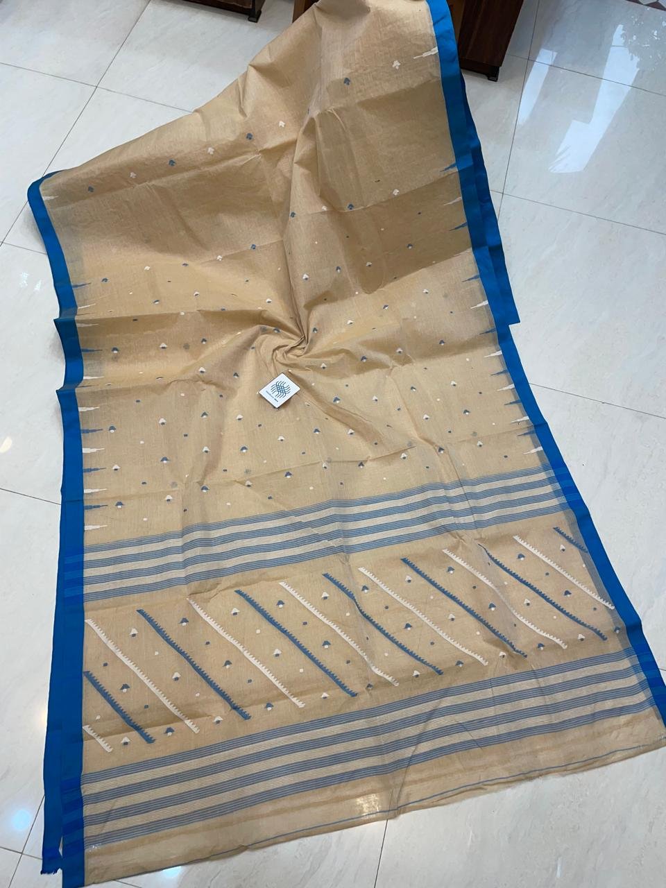 Sandy Blue Authentic Tantuja Handloom Cotton Saree Without Blouse Piece