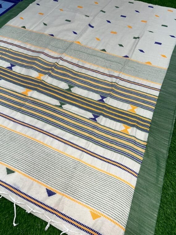 White Green Cotton Four Ply Jamdani Handloom Saree