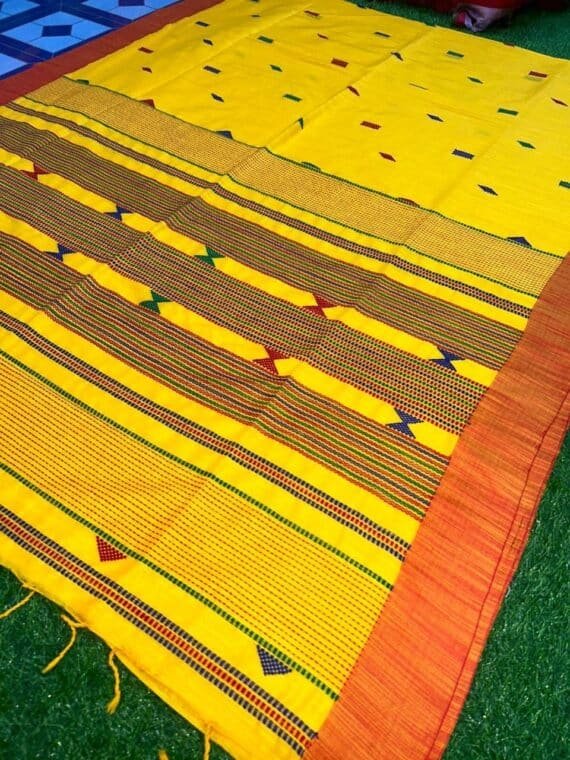 Yellow Orange Cotton Four Ply Jamdani Handloom Saree