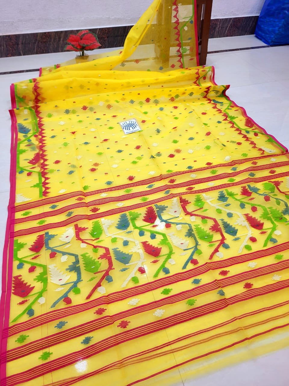 Yellow Red Pure Handwoven Muslin Jamdani Without Blouse Piece