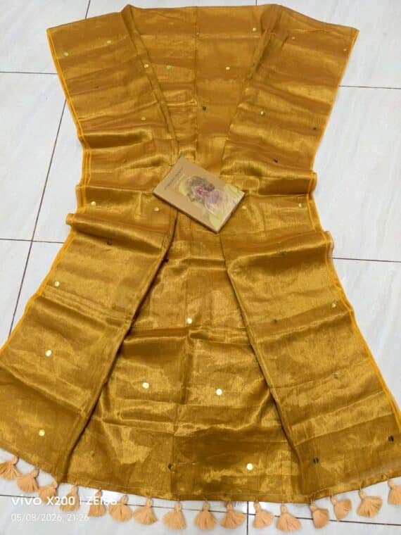 Golden Cotton Tissue Sequins Embeded Saree With Blouse Piece