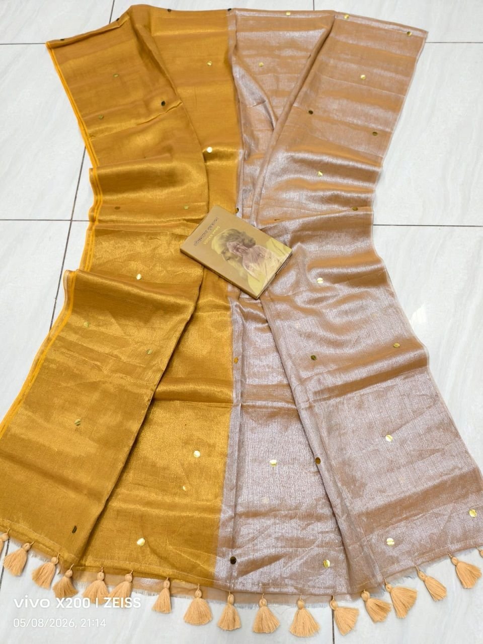 Golden Shade Cotton Tissue Sequins Embeded Saree With Blouse Piece Golden Shade Cotton Tissue Sequins Embeded Saree With Blouse Piece