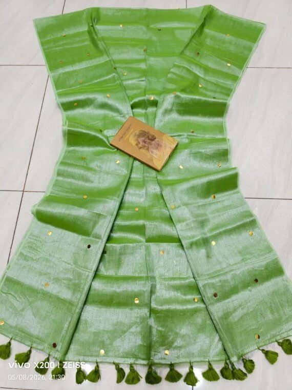 Light Green Cotton Tissue Sequins Embeded Saree With Blouse Piece