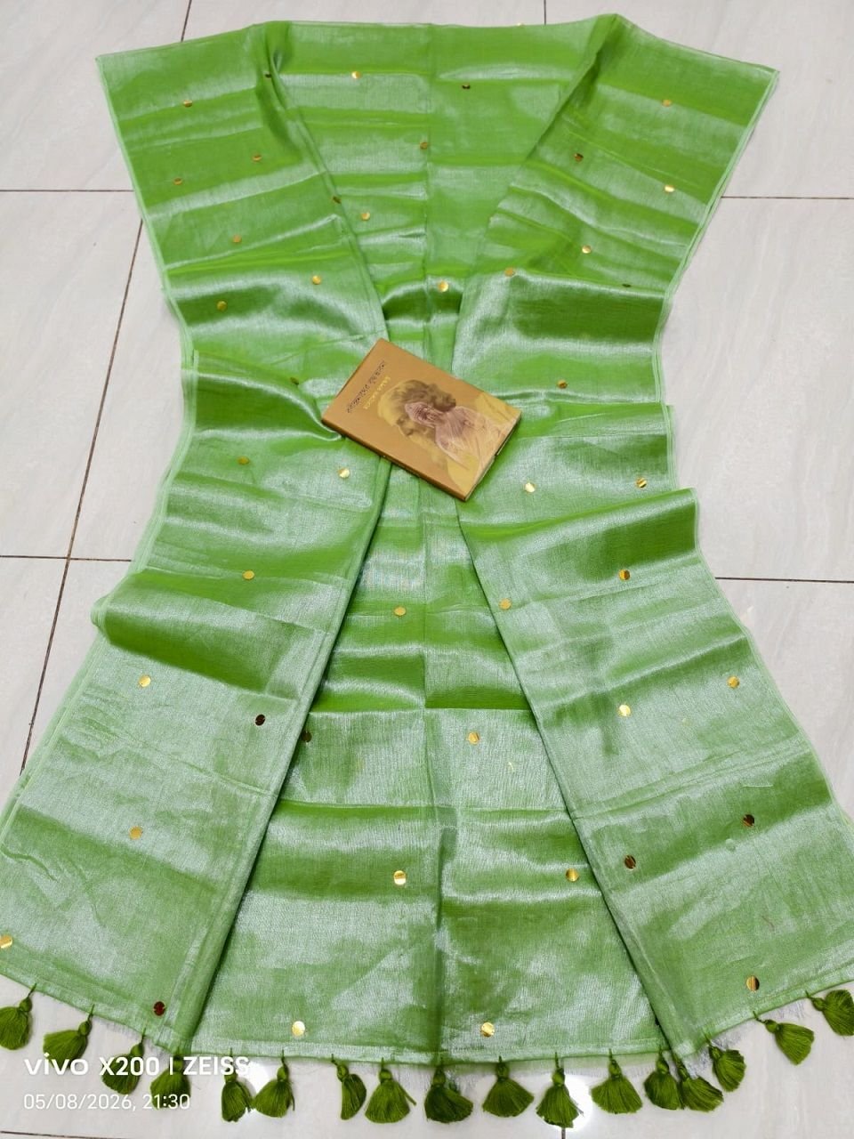 Light Green Cotton Tissue Sequins Embeded Saree With Blouse Piece Light Green Cotton Tissue Sequins Embeded Saree With Blouse Piece