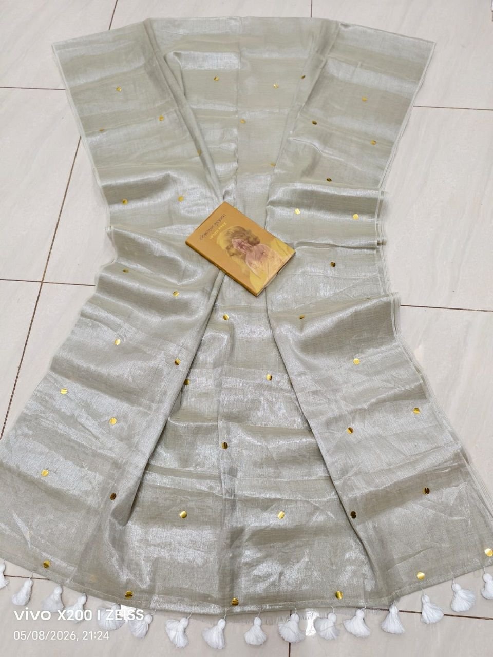 Light Grey Cotton Tissue Sequins Embeded Saree With Blouse Piece Light Grey Cotton Tissue Sequins Embeded Saree With Blouse Piece