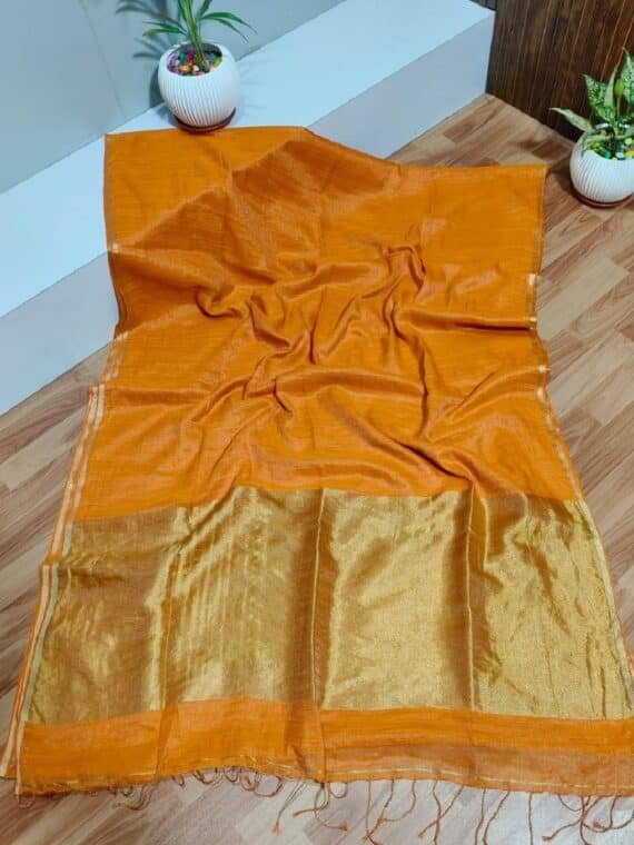 Orange Bhagwa Premium Tissue Linen Saree With Running Blouse