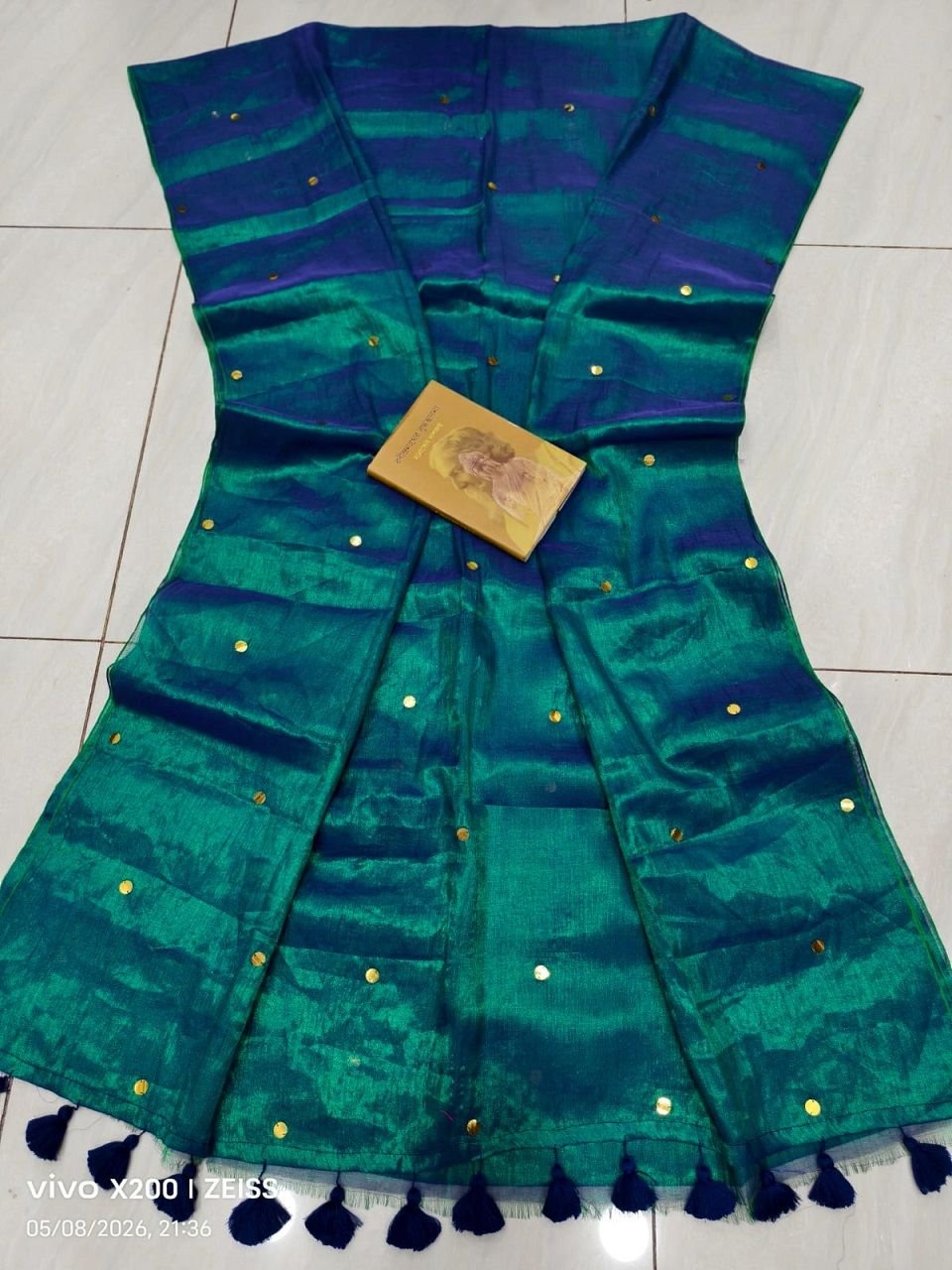 Teal Green Cotton Tissue Sequins Embeded Saree With Blouse Piece Teal Green Cotton Tissue Sequins Embeded Saree With Blouse Piece