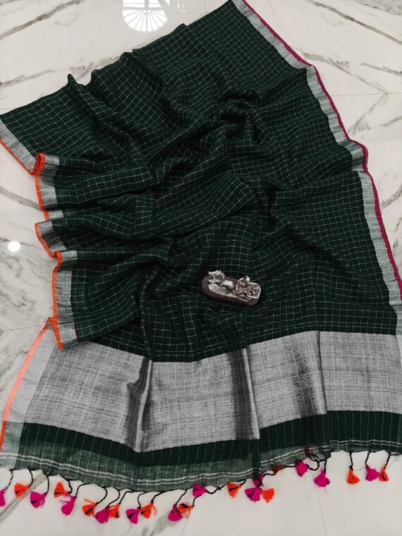 Bottle Green Check Pattern Cotton Linen Saree With Running Blouse