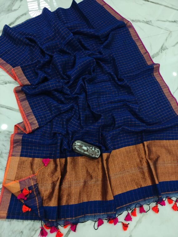 Deep Blue Check Pattern Cotton Linen Saree With Running Blouse
