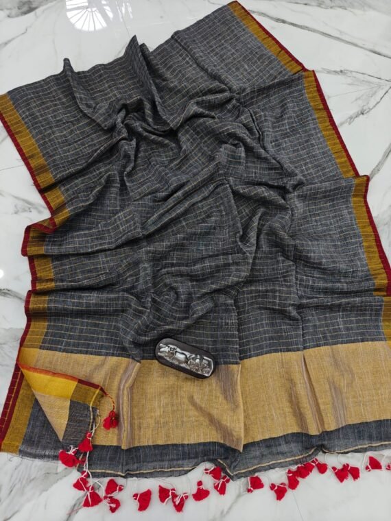 Grey Check Pattern Cotton Linen Saree With Running Blouse