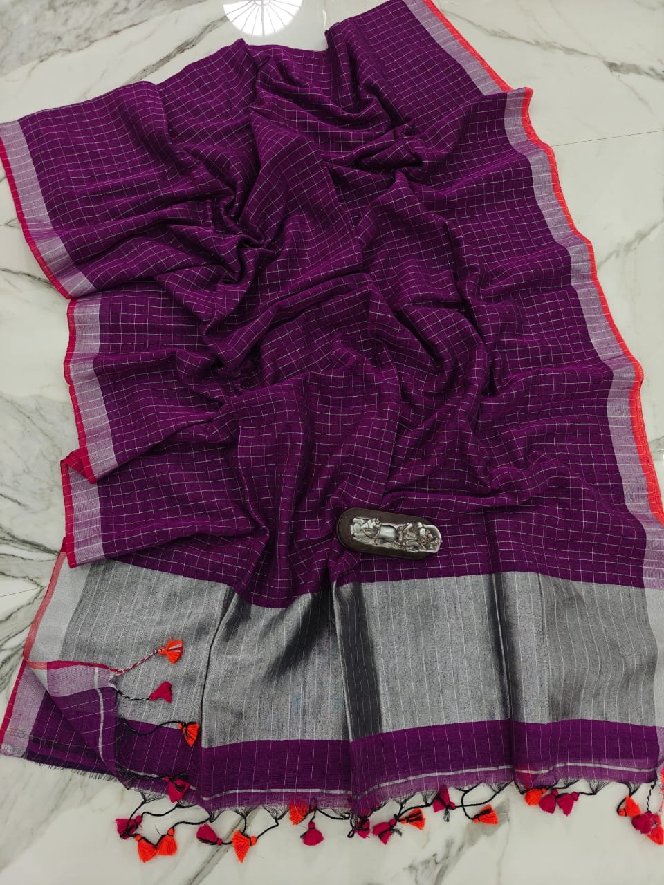 Purple Check Pattern Cotton Linen Saree With Running Blouse Purple Check Pattern Cotton Linen Saree With Running Blouse