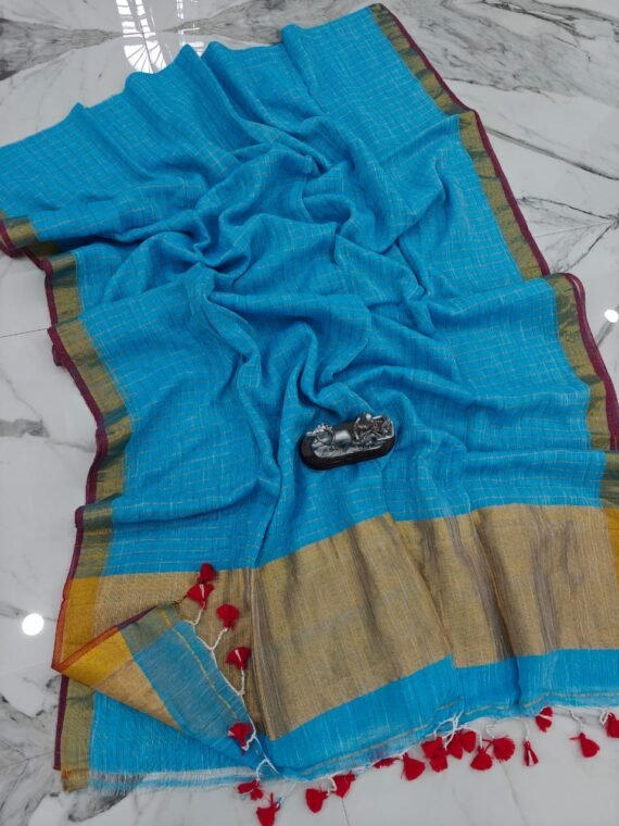 Sky Blue Check Pattern Cotton Linen Saree With Running Blouse