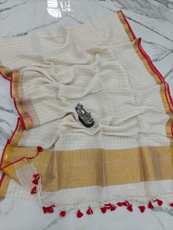 White Check Pattern Cotton Linen Saree With Running Blouse