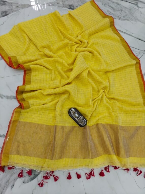 Yellow Check Pattern Cotton Linen Saree With Running Blouse