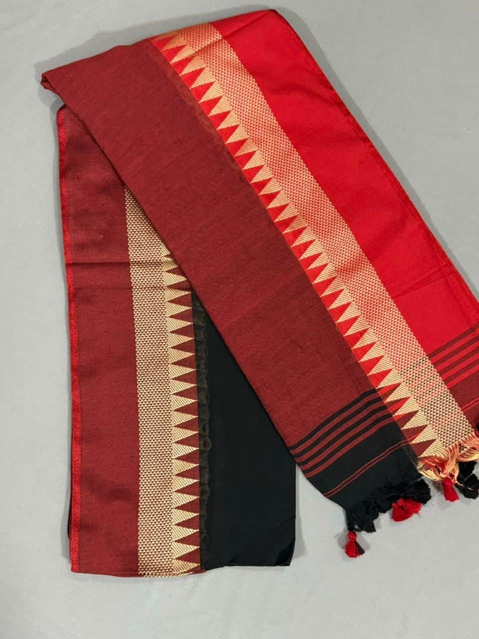 Red and Black Cotton Saree with Temple Border