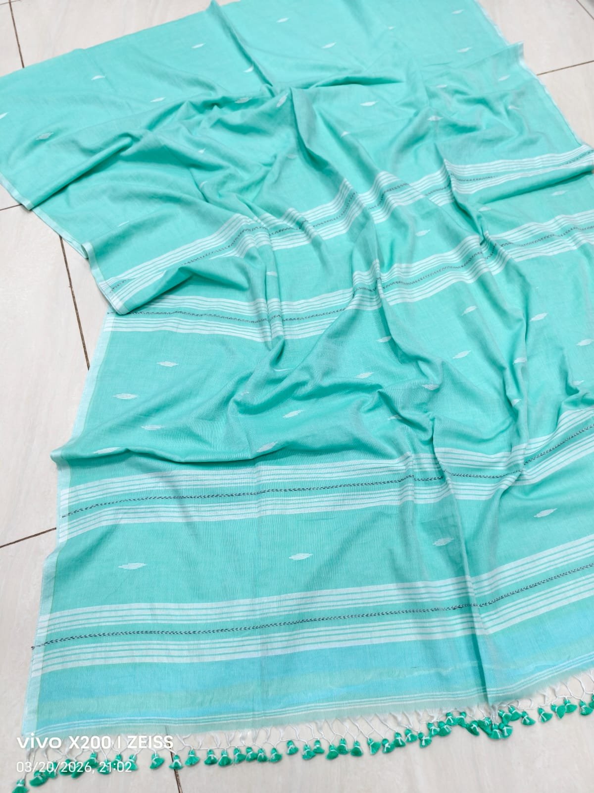 Aqua Blue Cotton Jamdani Saree With Blouse Piece Aqua Blue Cotton Jamdani Saree With Blouse Piece
