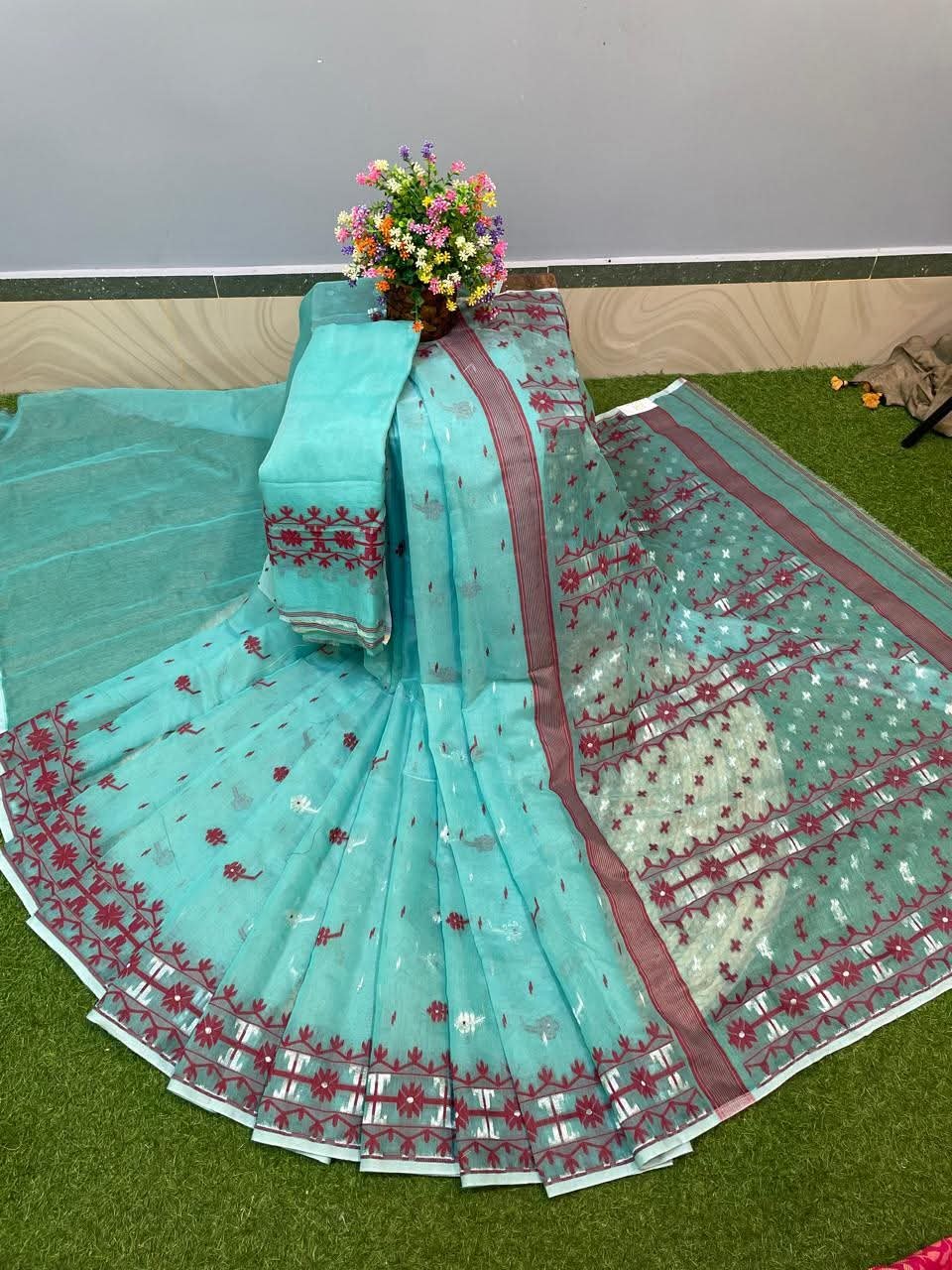 Beautiful Blue Red Dhakai Jamdani Saree With Blouse Piece Beautiful Blue Red Dhakai Jamdani Saree With Blouse Piece