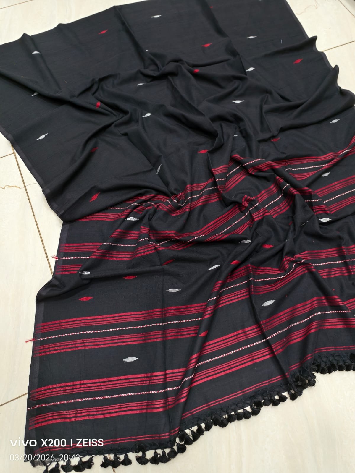 Black Red Cotton Jamdani Saree With Blouse Piece Black Red Cotton Jamdani Saree With Blouse Piece