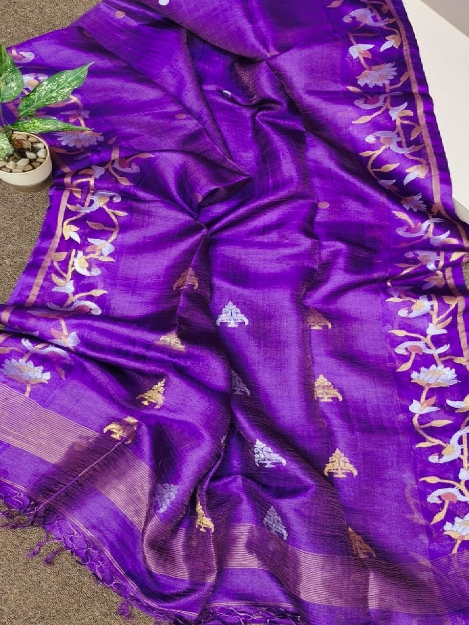 Bright Purple Tussar Tissue Banarasi Design Handwoven Saree Bright Purple Tussar Tissue Banarasi Design Handwoven Saree