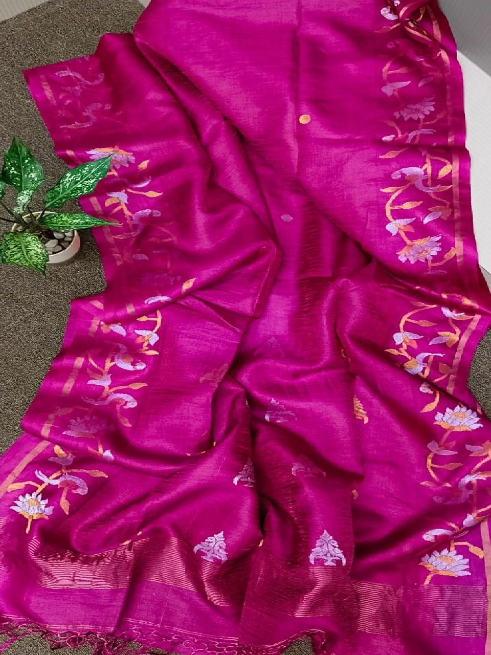 Deep Pink Tussar Tissue Banarasi Design Handwoven Saree Deep Pink Tussar Tissue Banarasi Design Handwoven Saree