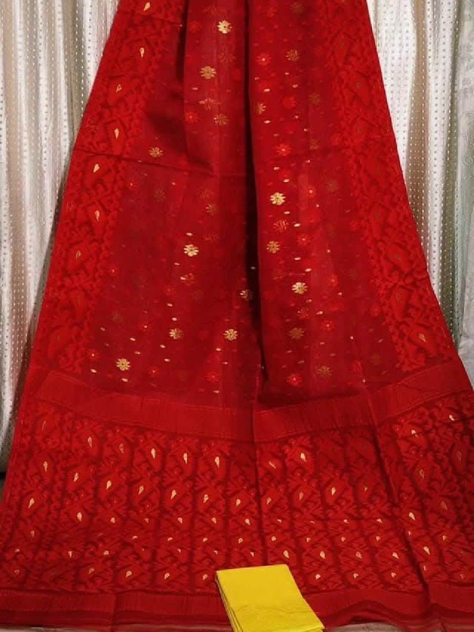 Gorgeous Red Yellow Dhakai Jamdani Saree With Running Blouse Gorgeous Red Yellow Dhakai Jamdani Saree With Running Blouse