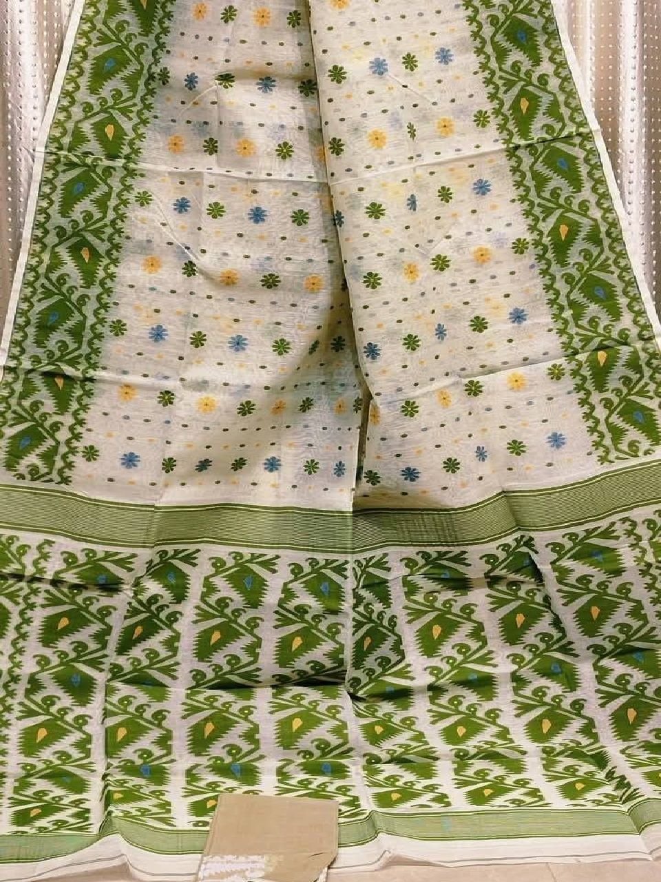 Lovely Offwhite Sage Green Dhakai Jamdani Saree With Running Blouse Lovely Offwhite Sage Green Dhakai Jamdani Saree With Running Blouse