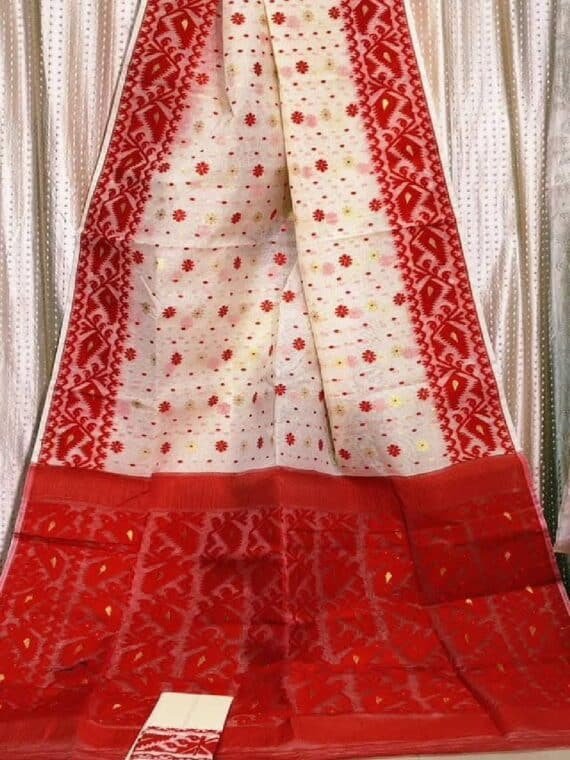 OffWhite Red Dhakai Jamdani Saree With Running Blouse