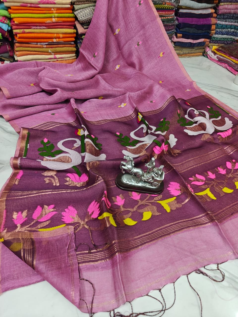Pink Luxury Jayshree Tissue Linen Swan Design Handwoven Saree Pink Luxury Jayshree Tissue Linen Swan Design Handwoven Saree