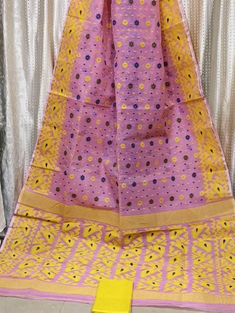 Pink Yellow Dhakai Jamdani Saree With Running Blouse Pink Yellow Dhakai Jamdani Saree With Running Blouse