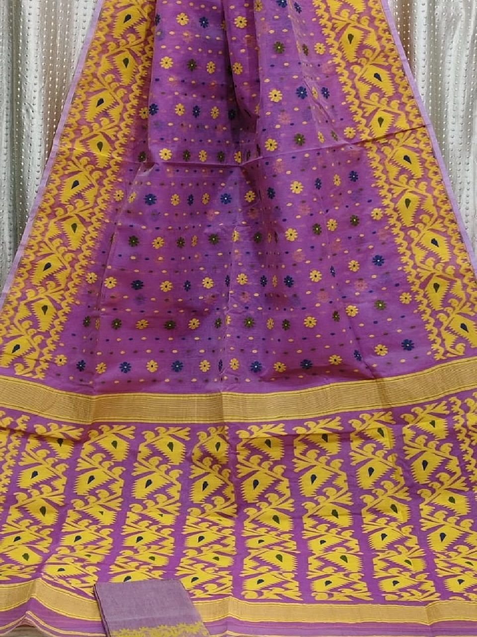 Pleasing Purple Yellow Dhakai Jamdani Saree With Running Blouse Pleasing Purple Yellow Dhakai Jamdani Saree With Running Blouse