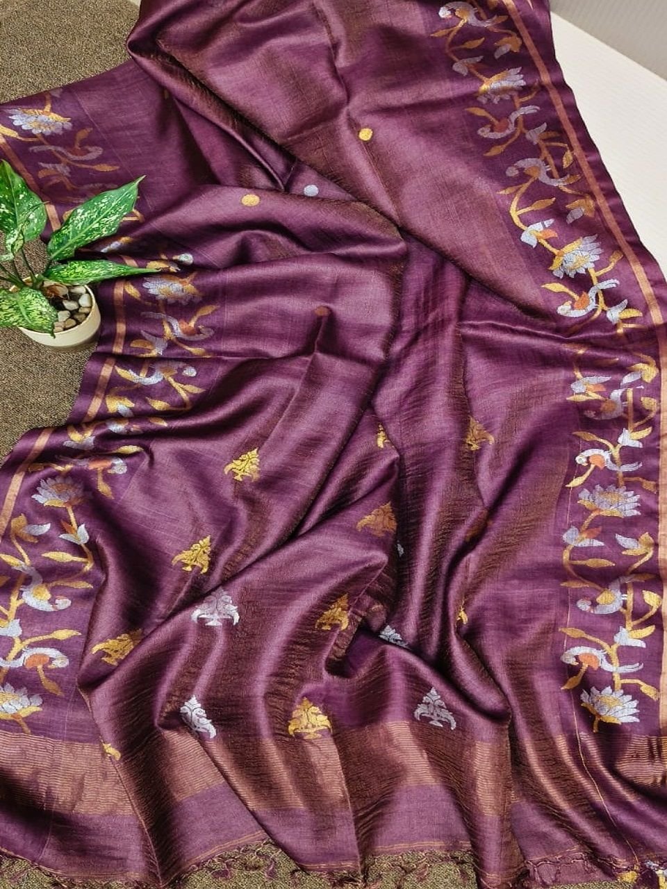 Plum Burgundy Tussar Tissue Banarasi Design Handwoven Saree Plum Burgundy Tussar Tissue Banarasi Design Handwoven Saree