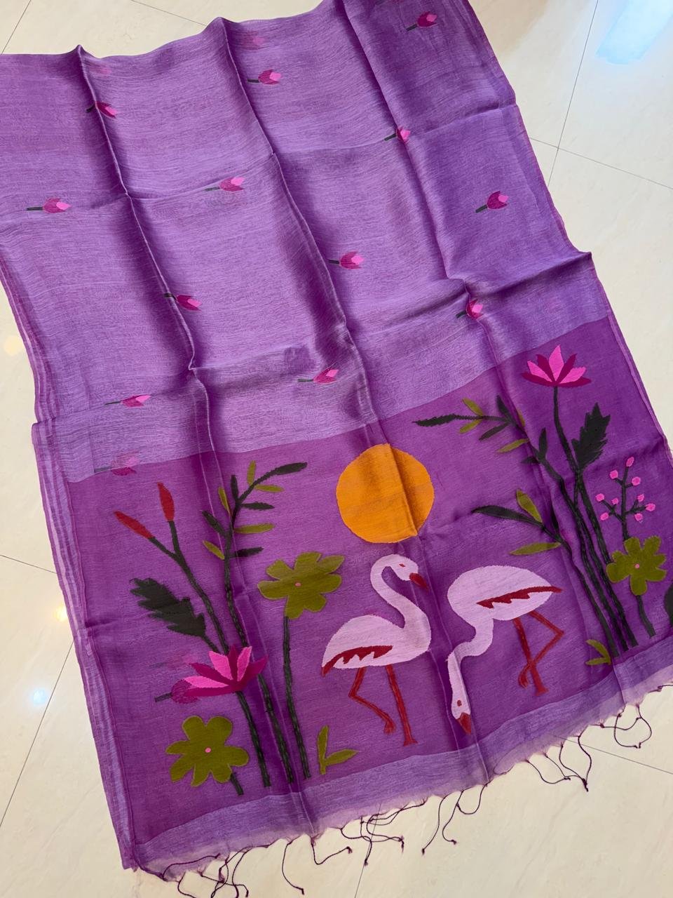 Purple Tantuja Handloom JayShree Linen With Pallu Muslin Jamdani Saree
