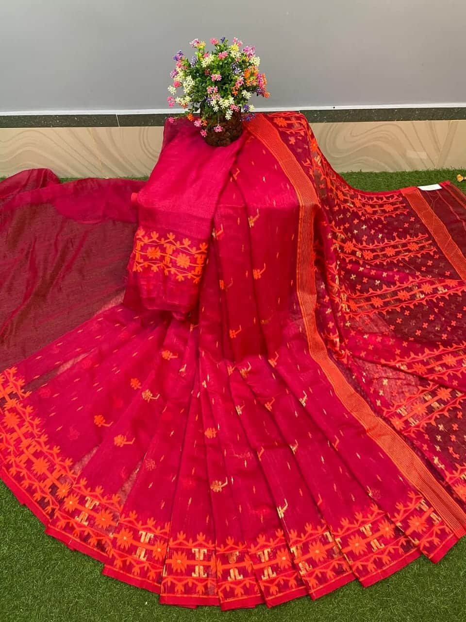 Red Orange Dhakai Jamdani Saree With Blouse Piece Red Orange Dhakai Jamdani Saree With Blouse Piece
