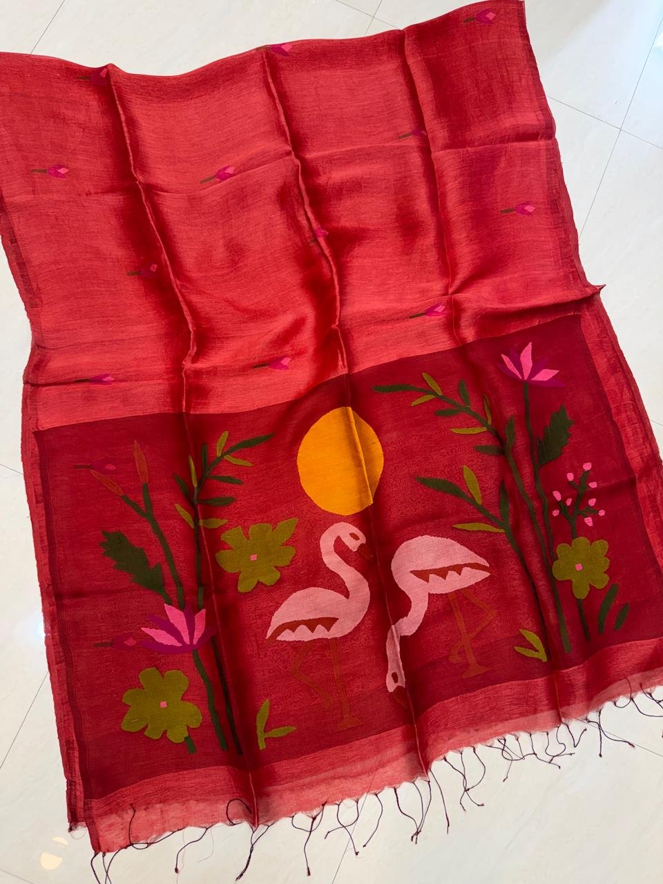 Red Tantuja Handloom JayShree Linen With Pallu Muslin Jamdani Saree