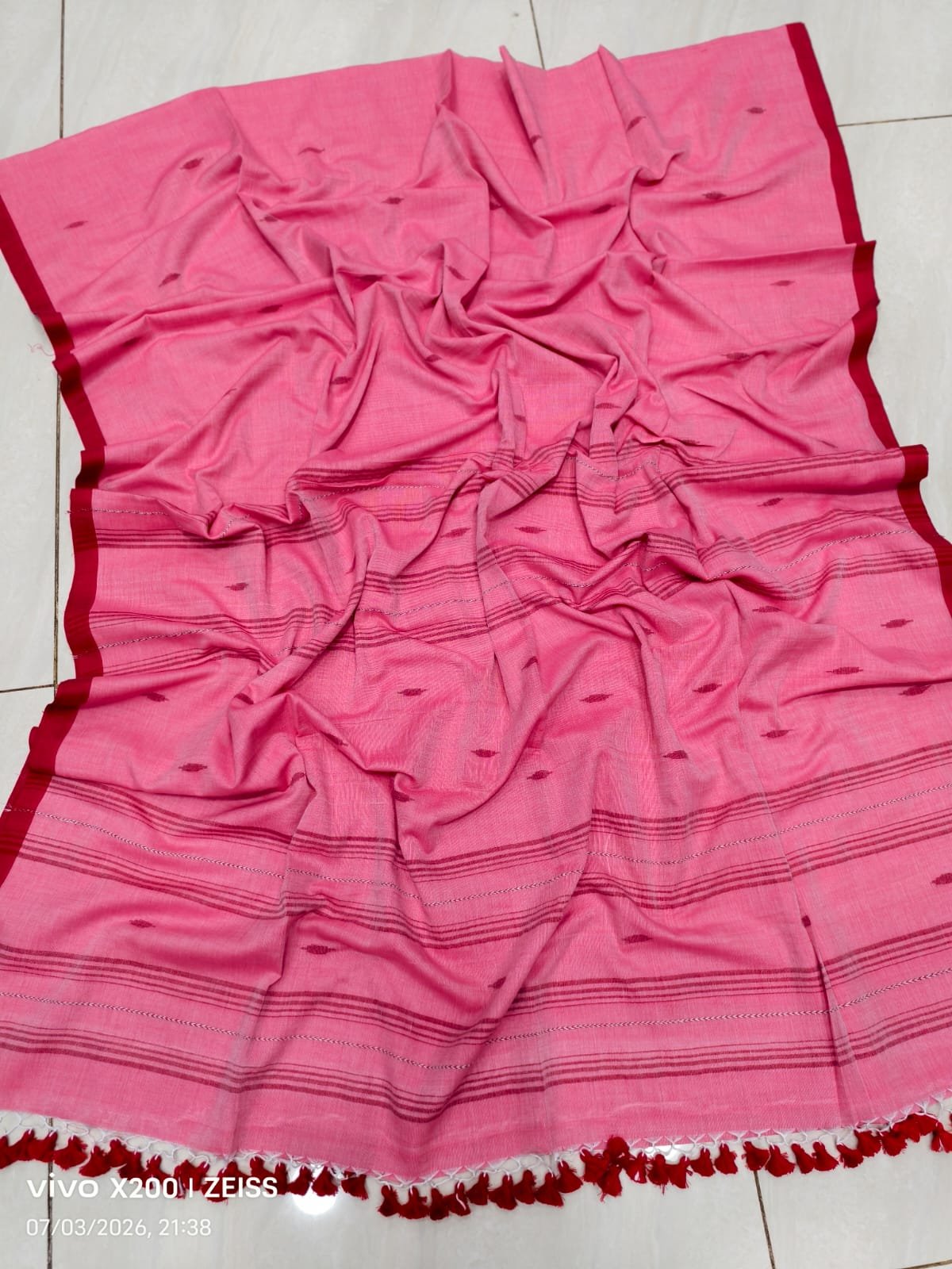 Rose Pink Red Cotton Jamdani Saree With Blouse Piece Rose Pink Red Cotton Jamdani Saree With Blouse Piece