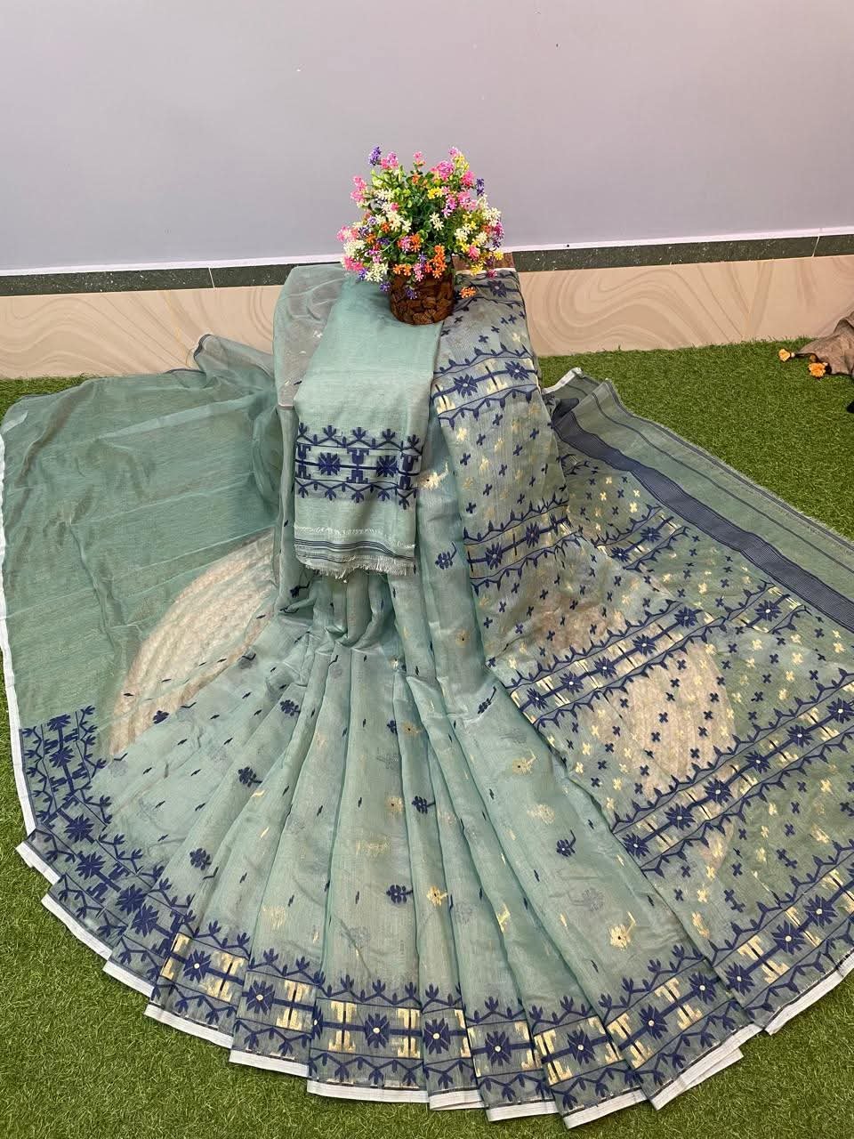 Sage Green Blue Dhakai Jamdani Saree With Blouse Piece Sage Green Blue Dhakai Jamdani Saree With Blouse Piece