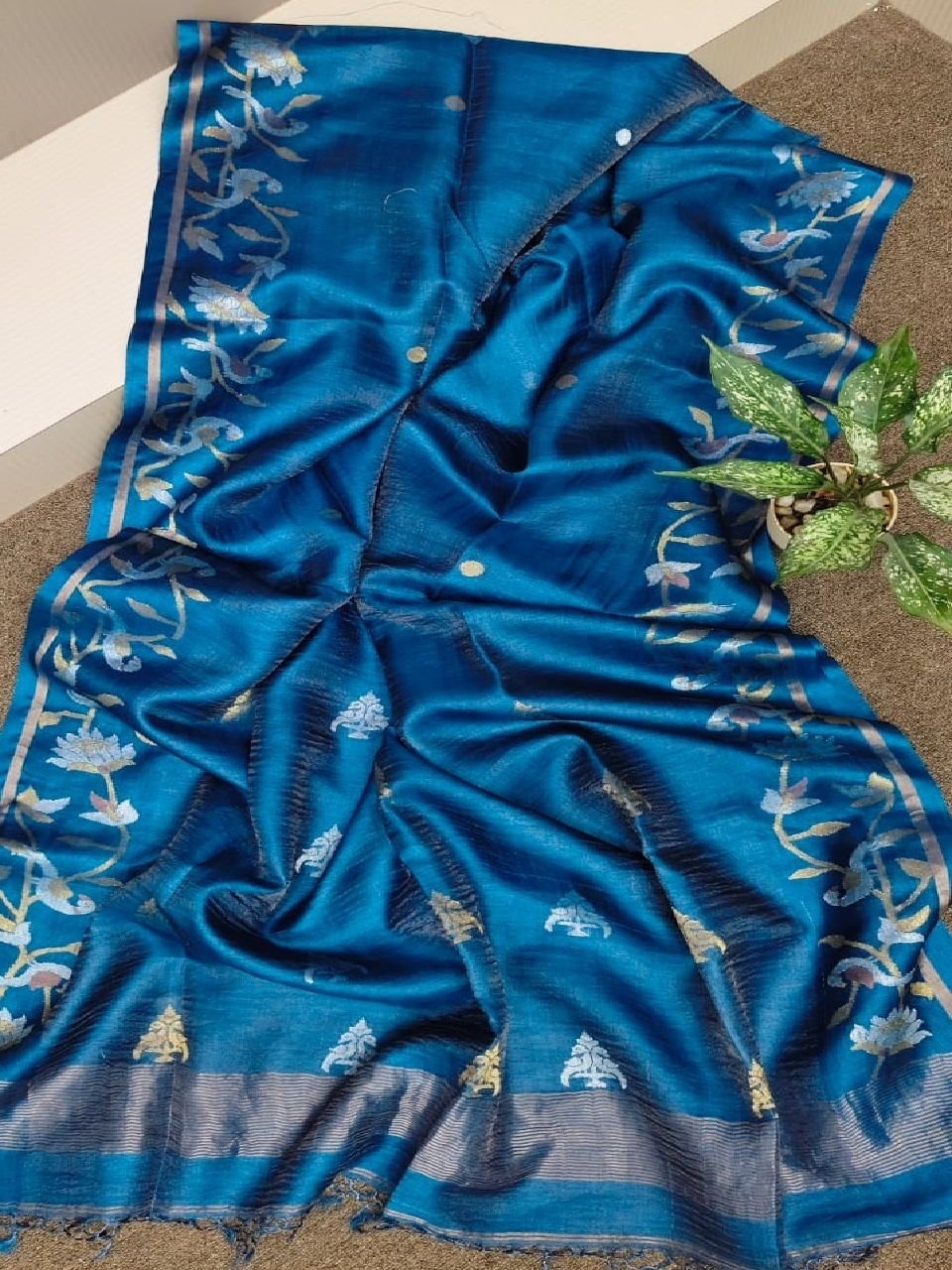 Teal Blue Tussar Tissue Banarasi Design Handwoven Saree Teal Blue Tussar Tissue Banarasi Design Handwoven Saree