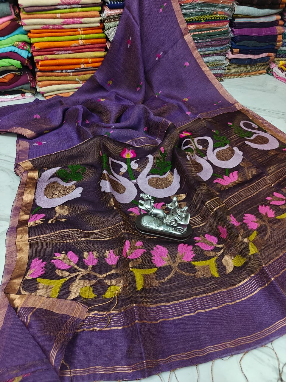 Violet Luxury Jayshree Tissue Linen Swan Design Handwoven Saree Violet Luxury Jayshree Tissue Linen Swan Design Handwoven Saree