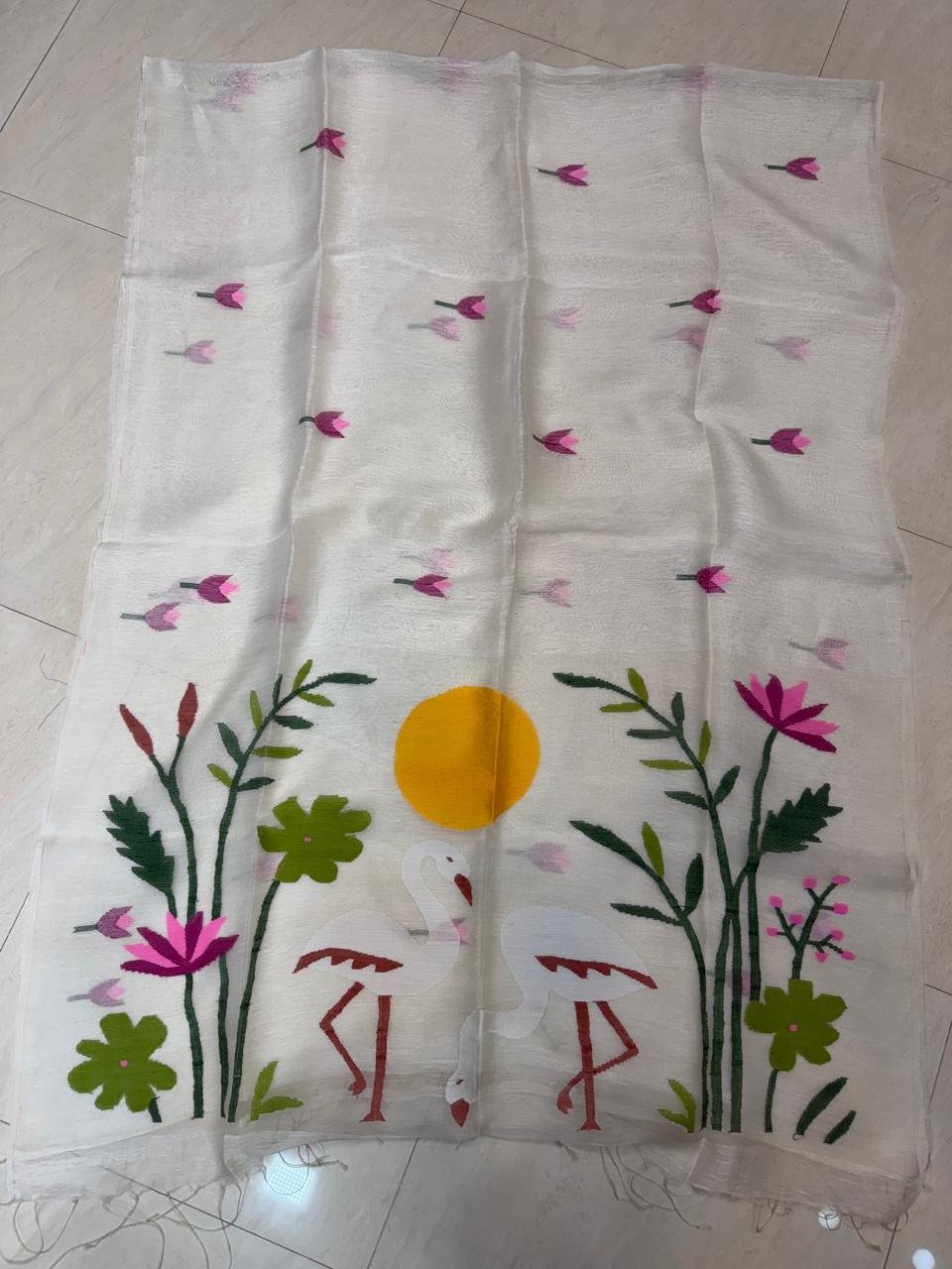 White Tantuja Handloom JayShree Linen With Pallu Muslin Jamdani Saree