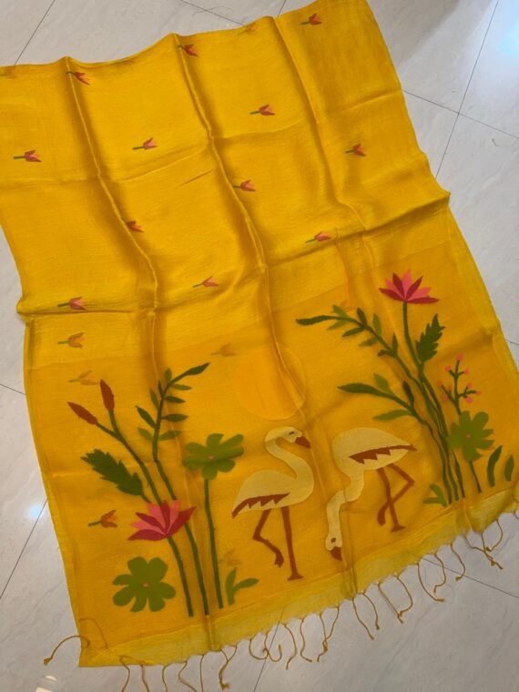 Yellow Tantuja Handloom JayShree Linen With Pallu Muslin Jamdani Saree