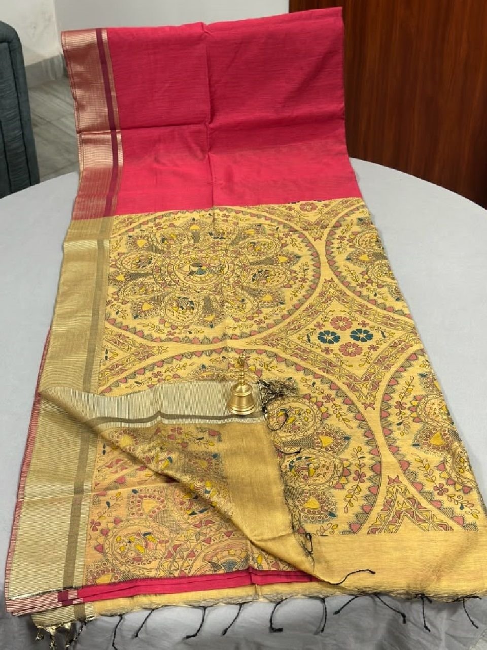 Tomato Red Cotton Silk Saree with Madhubani Print Pallu and Blouse Piece Tomato Red Cotton Silk Saree with Madhubani Print Pallu and Blouse Piece