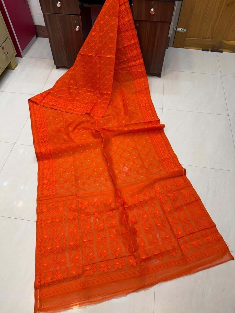 Bhagwa Orange Dhakai Jamdani Semi Polished With Blouse Piece Bhagwa Orange Dhakai Jamdani Semi Polished With Blouse Piece