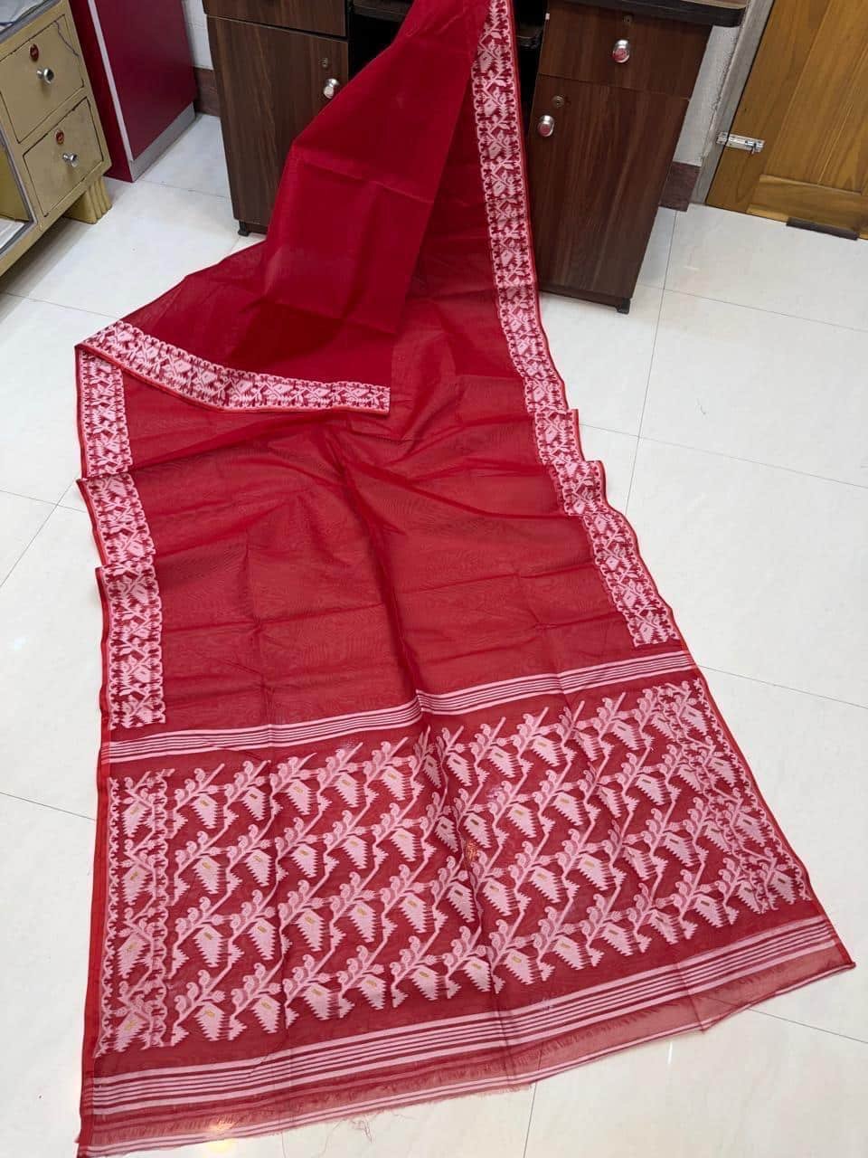 Deep Red Dhakai Jamdani Semi Polished With Blouse Piece Deep Red Dhakai Jamdani Semi Polished With Blouse Piece