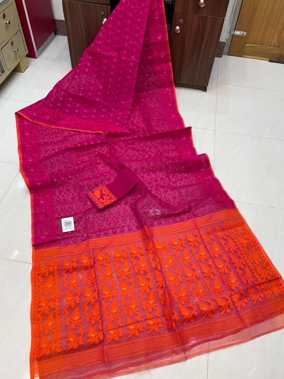 Pink Orange Dhakai Jamdani Semi Polished With Blouse Piece Pink Orange Dhakai Jamdani Semi Polished With Blouse Piece