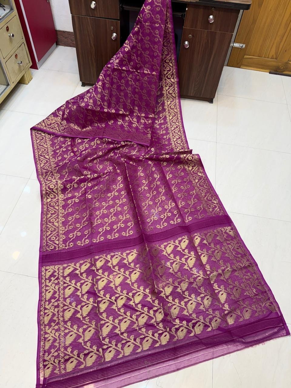 Purple Golden Dhakai Jamdani Semi Polished With Blouse Piece Purple Golden Dhakai Jamdani Semi Polished With Blouse Piece