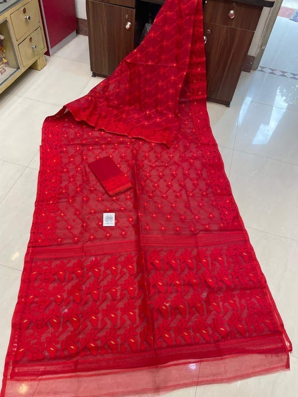 Red Dhakai Jamdani Semi Polished With Blouse Piece Red Dhakai Jamdani Semi Polished With Blouse Piece