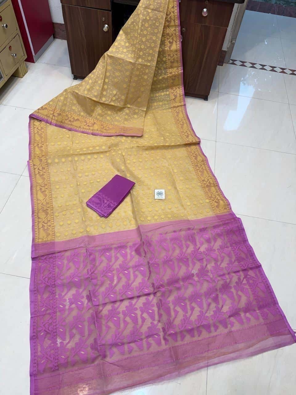 Yellow Purple Dhakai Jamdani Semi Polished With Blouse Piece Yellow Purple Dhakai Jamdani Semi Polished With Blouse Piece