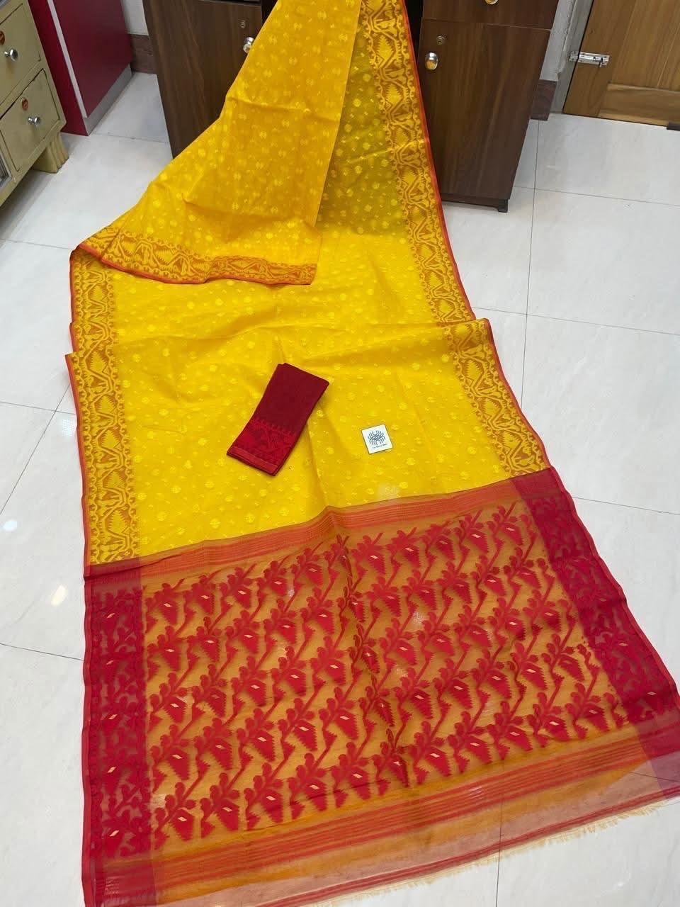 Yellow Red Dhakai Jamdani Semi Polished With Blouse Piece Yellow Red Dhakai Jamdani Semi Polished With Blouse Piece