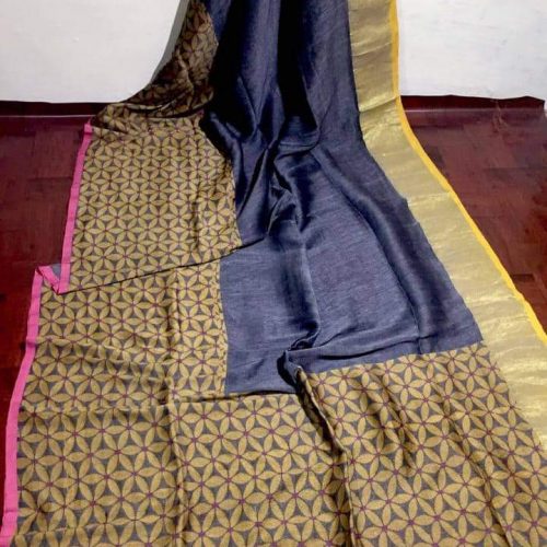 Enticing Purple Grey Cotton Linen Weave Saree With Exclusive Border Pallu